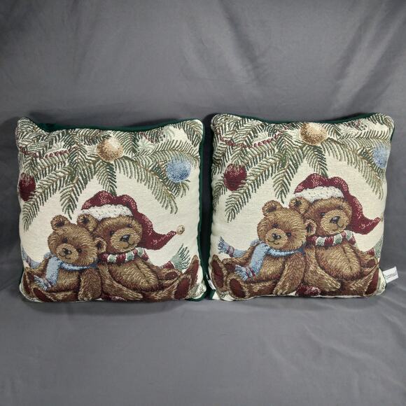2 Riverdale Tapestry Throw Pillows 15" x 15" Teddy Bear Christmas Home Decor - Picture 2 of 10
